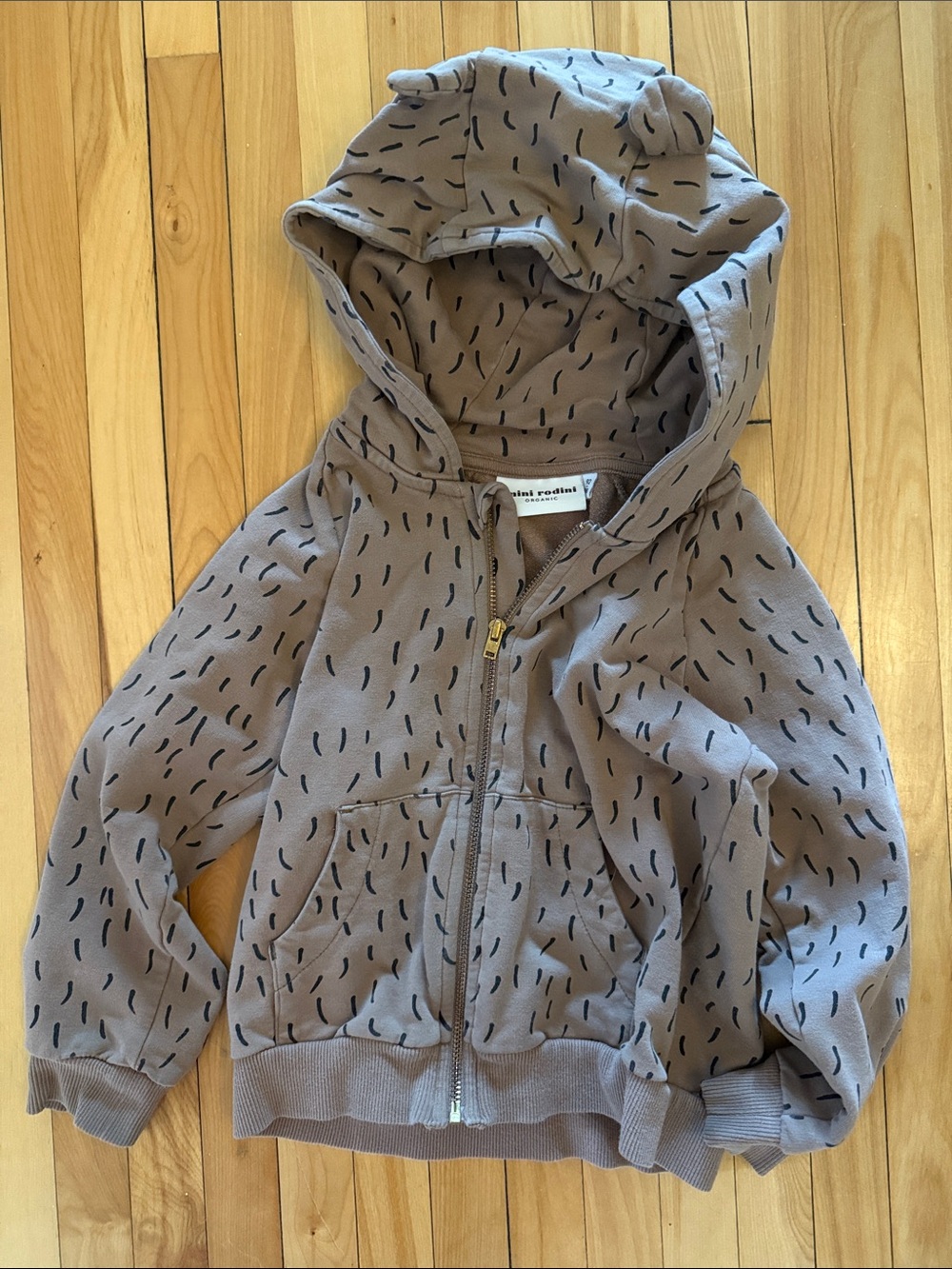 Mini Rodini Taupe Hooded Zip Sweatshirt with Black Dash Print